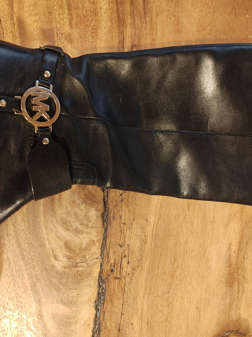 Michael Kors Black Leather Boot with Gold MK Logo Buckle